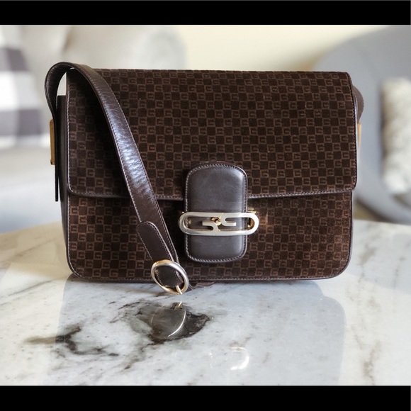 Gucci 1970s RARE Vintage GG Leather Suede Monogram East West Shoulder Bag - Picture 2 of 8